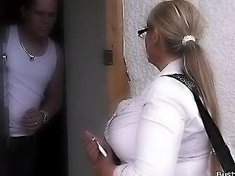 Fat salesgirl rides dick